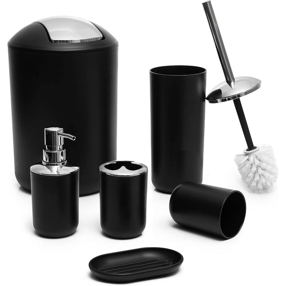 imageMoss ampamp Stone 6 pcs Bathroom Accessories Set Includes Soap Dispenser Toothbrush Holder Toothbrush Cup Soap Dish A Complete Decor Black Set