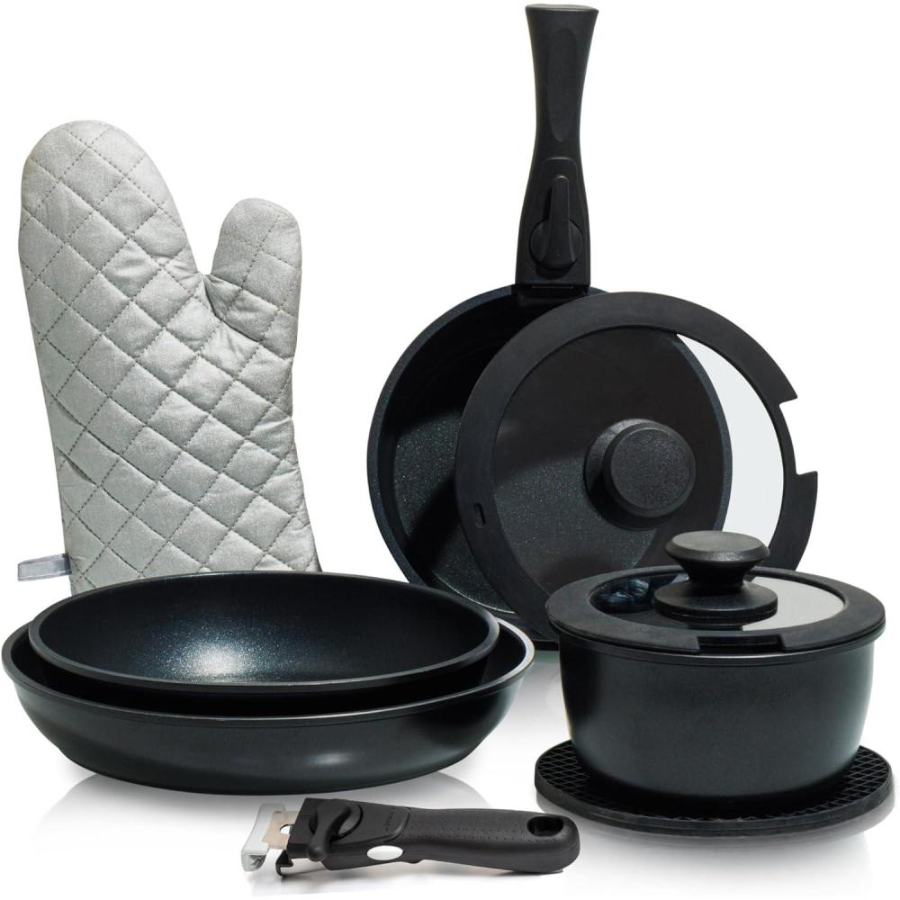 imageMoss ampamp Stone 10pcs Black Pots and Pans Set Non Stick Cookware Sets Detachable Handle RV Kitchen Set Removable Handle Oven Safe Induction Ready Stackable Nonstick Set Camping Cookware Set10 Pcs