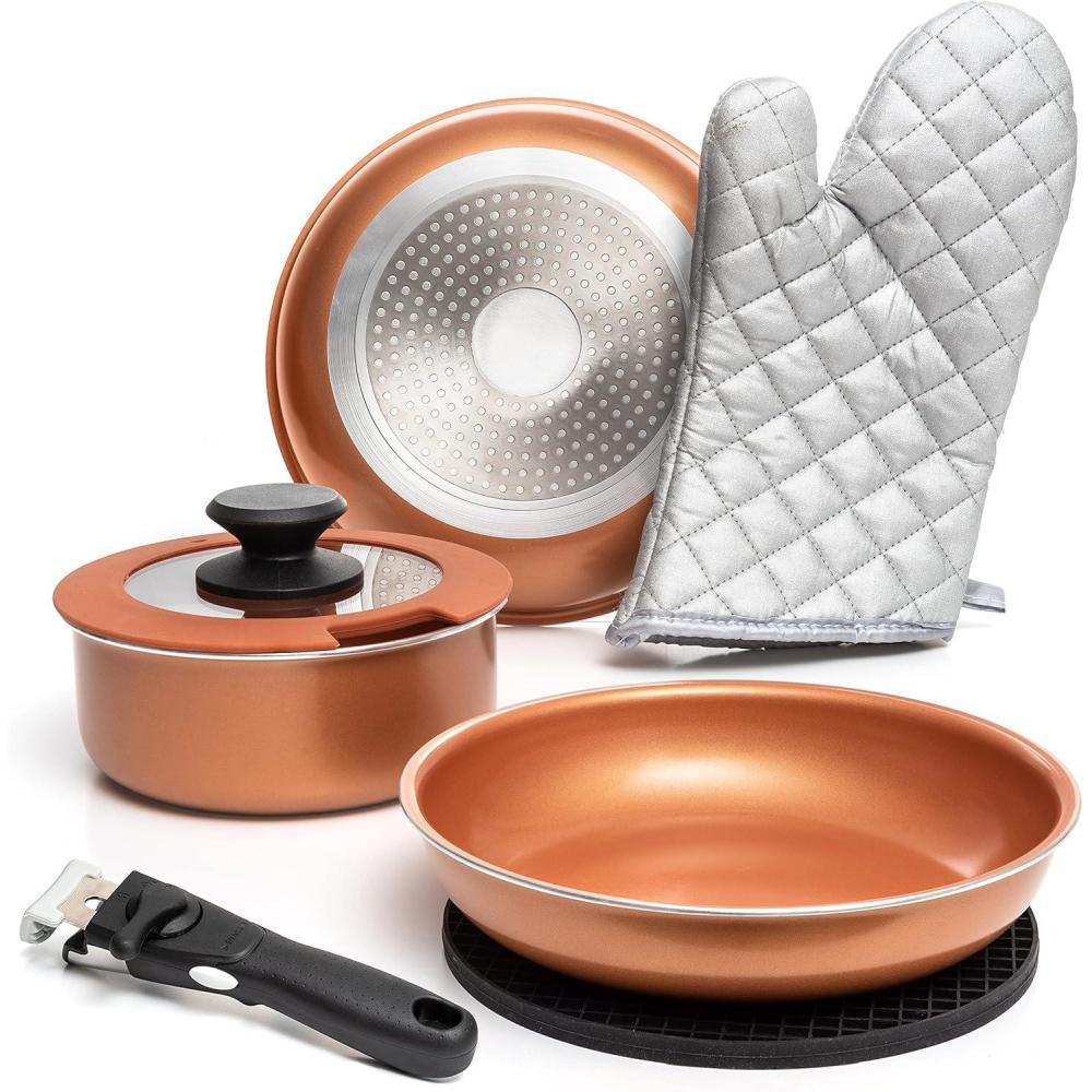 imageMoss ampamp Stone 10pcs Black Pots and Pans Set Non Stick Cookware Sets Detachable Handle RV Kitchen Set Removable Handle Oven Safe Induction Ready Stackable Nonstick Set Camping Cookware Set7 Pcs Copper
