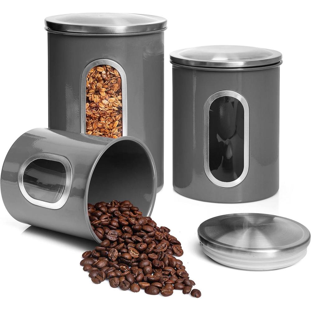 imageMoss ampamp Stone 3Piece Beige Canisters Sets For The Kitchen Airtight Canister Set With See Through Window Storage Jars for Coffee Container Tea Organizer ampamp Sugar Canister Beige Kitchen CanistersGray