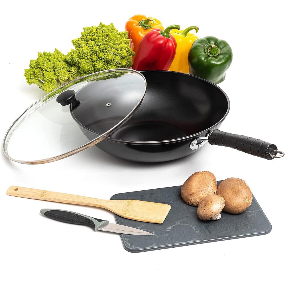 imageMoss ampamp Stone 5 Pcs Carbon Wok Set Carbon Steel Wok Pan 12 Inch Woks and Stir Fry Pans Chinese Wok For Electric Induction ampamp Gas Stove With Glass Lid Wok Spatula Chopping Board ampamp Paring Knife