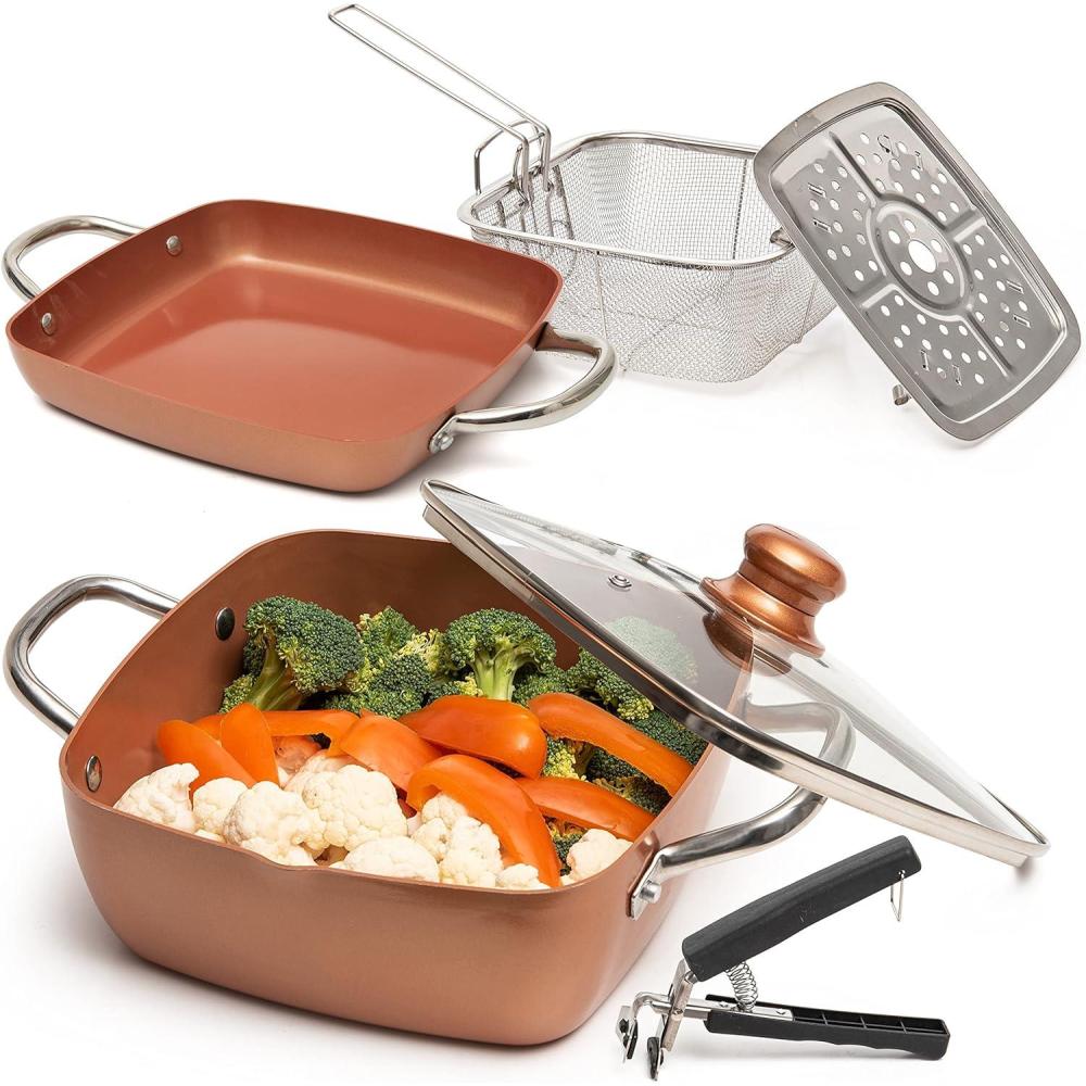 imageMoss ampamp Stone 5 Pcs Copper Chef Cookware Non Stick Deep Frying Pan Fry Basket Steamer Rack Dishwasher ampamp Oven Safe 5 Qt Deep Square Pan Induction Copper Cookware Set  95quot x 35quot6 Pcs Copper Cookware