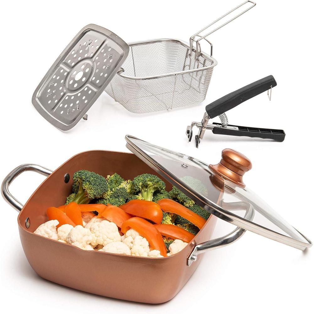 imageMoss ampamp Stone 5 Pcs Copper Chef Cookware Non Stick Deep Frying Pan Fry Basket Steamer Rack Dishwasher ampamp Oven Safe 5 Qt Deep Square Pan Induction Copper Cookware Set  95quot x 35quotCopper Cookware