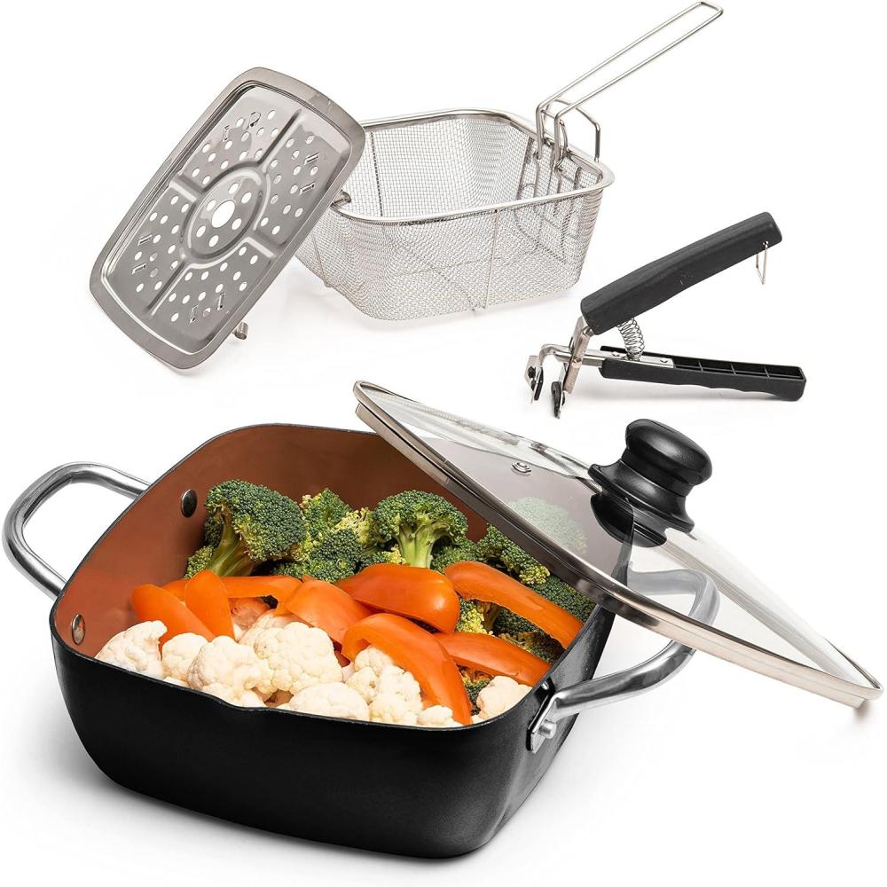 imageMoss ampamp Stone 5 Pcs Copper Chef Cookware Non Stick Deep Frying Pan Fry Basket Steamer Rack Dishwasher ampamp Oven Safe 5 Qt Deep Square Pan Induction Copper Cookware Set  95quot x 35quotBlack Copper Cookware