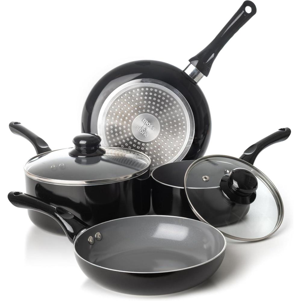 imageMoss ampamp Stone 6 Pcs Dark Grey Nonstick Cookware Set Pots And Pans Set Non stick With Glass Lid Induction Cookware StayCool Handle PTFEPFOA Kitchen Pots 6Piece with Frying Pans ampamp Saucepan6 Pcs Black