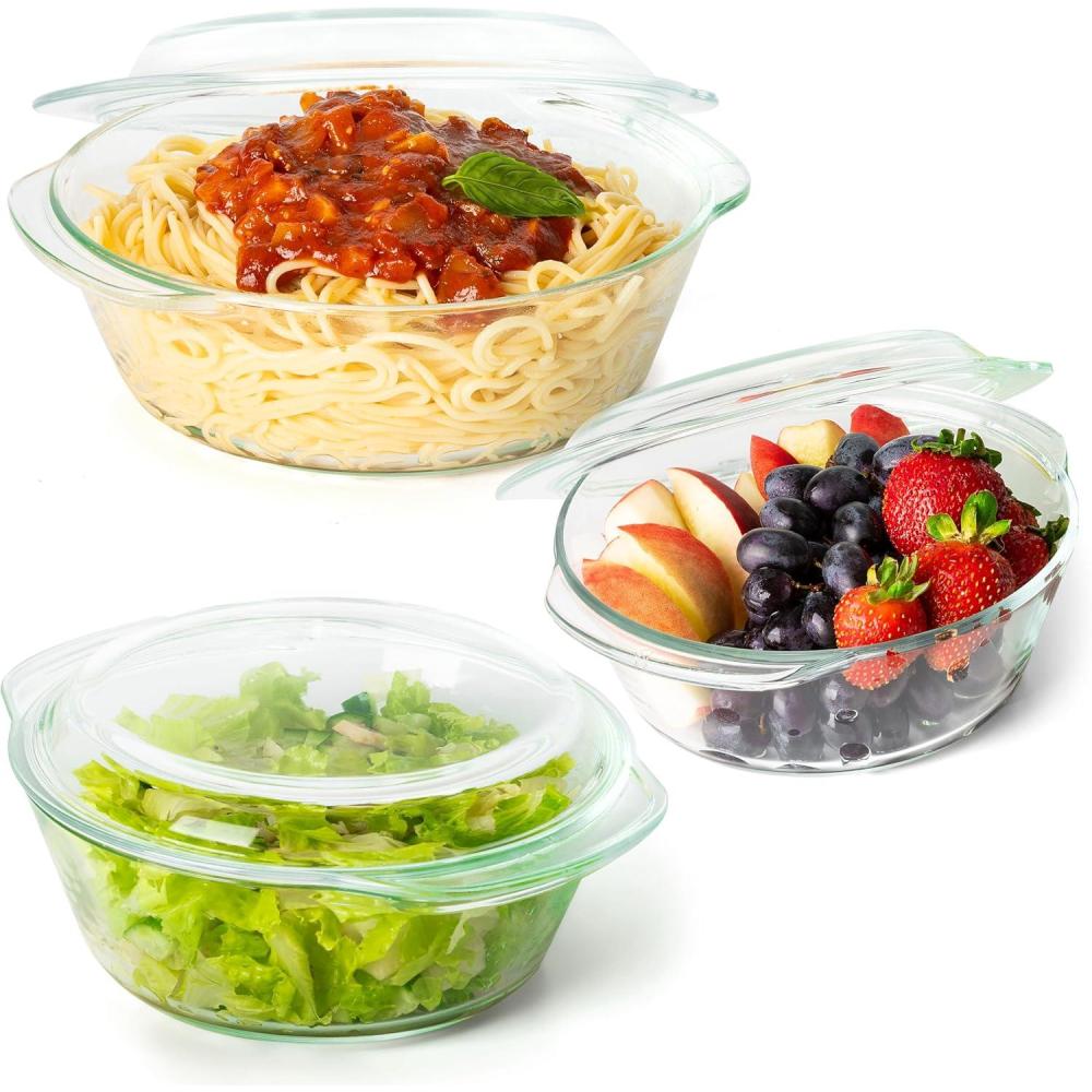 imageMoss ampamp Stone 6Piece Clear Glass Casserole Dishes for Oven With Lids Durable Borosilicate Glass Bakeware Set Microwave Safe 3 Round Sizes for Cooking Serving ampamp StorageClear Glass