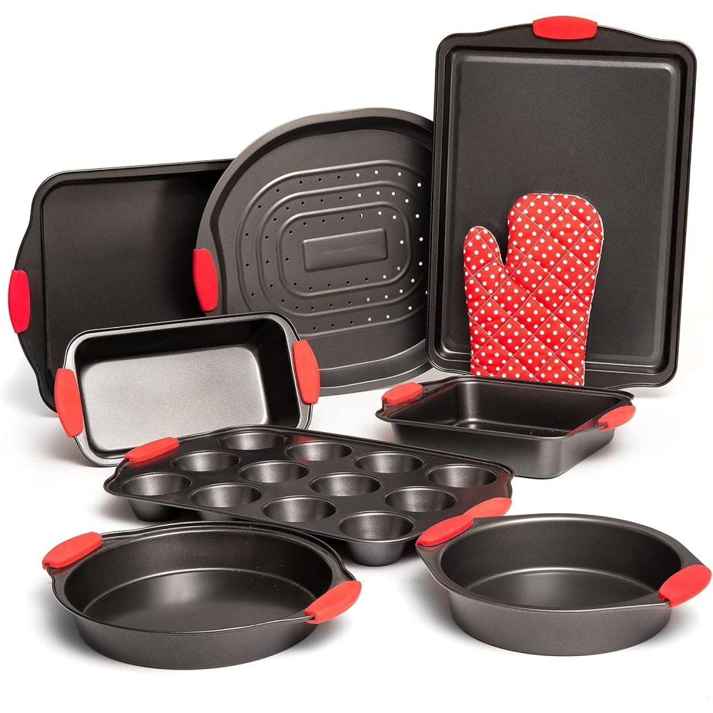 imageMoss ampamp Stone 9 Piece Baking Pans Set Non Stick Oven Safe Baking Sheet Set Carbon Steel NonStick PTFE Coating Bakeware Set With Heat Red Silicone Handles Black Baking Trays For OvenBlack