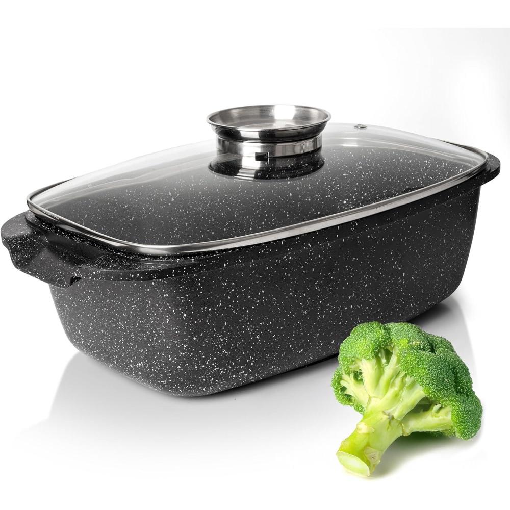 imageMoss ampamp Stone Carbon Steel Roaster Pan With V Shape Removable Roasting Rack Set 165 Inch Rectangular Nonstick Roasting Pan Turkey Roaster Pan Rack With Carving Fork ampamp Chef KnifeMultiPurpose Casserole Roasting Pan