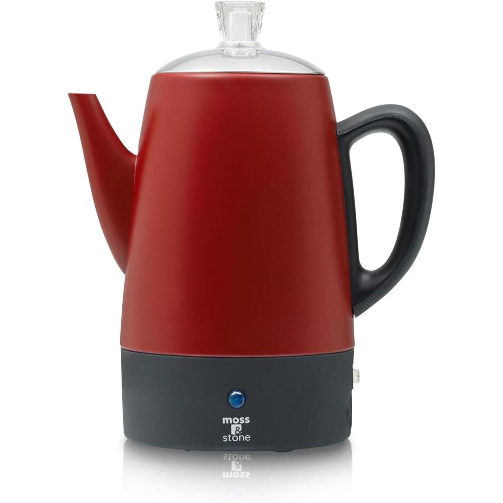 imageMoss ampamp Stone Electric Coffee Percolator  Red Body Coffee Maker with Stainless Steel Lid Percolator Electric Pot Fast Boil 10 Cup Red Camping Coffee PotRed