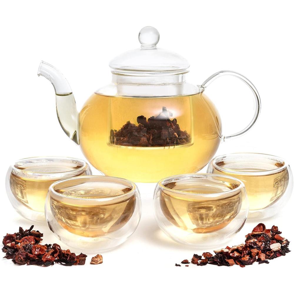 imageMoss ampamp Stone Glass 27oz Tea Kettle Infuser ampamp 4 Tea Cups Gift Set Borosilicate Glass Teapot With Removable Glass Strainer ampamp Teacups Of 27 oz Teapot With Strainer Microwave Safe Tea Maker