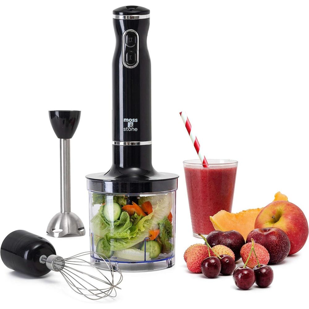 imageMoss ampamp Stone Hand Blender With Egg Whisk Powerful 300Watt Stick Blender Hand Mixer Set Stainless Steel Shaft ampamp Blades Black Handheld Blender With Ergonomic Handle Without ChopperBlack