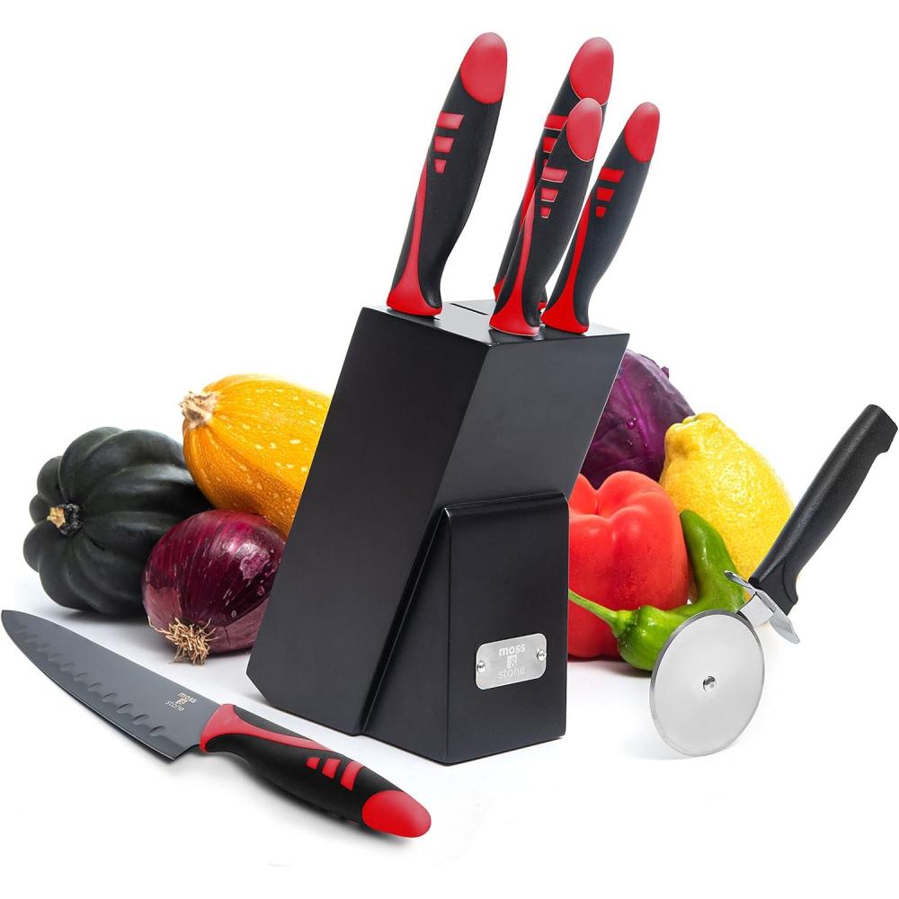 imageMoss ampamp Stone Professional Kitchen Knife Chef Set 6 Pcs Small Knife Set With Block Premium Kitchen Knife Set Stainless Steel Scratch Resistant ampamp Rust Proof Knife Block With Sharp Cooking Knives7 Pcs Black  Red