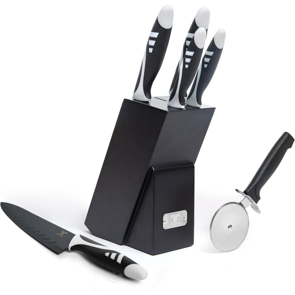 imageMoss ampamp Stone Professional Kitchen Knife Chef Set 6 Pcs Small Knife Set With Block Premium Kitchen Knife Set Stainless Steel Scratch Resistant ampamp Rust Proof Knife Block With Sharp Cooking Knives7 Pcs Black  White