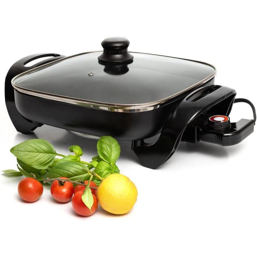 imageMoss ampamp Stone Round Electric Skillet with Lid  12x12 Inch Aluminum Nonstick Electric Frying Pan 5Qt Adjustable Temperature Control Vented Glass Lid Dishwasher Safe HeatResistant HandlesSquare