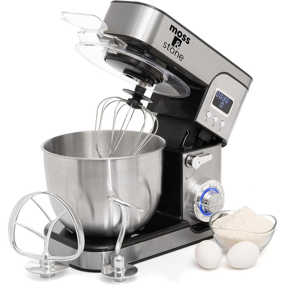 imageMoss ampamp Stone Stand Mixer With Lcd Display 6 Speed Electric Mixer With 55 Quart Stainless Steel Mixing Bowl Kitchen Mixer With Dough Hook Egg Whisk Beater ampamp Baking Spatula Food Mixer With TimerStainless Steel LCD