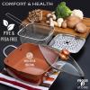 Moss & Stone 5 Pcs Copper Chef Cookware Non Stick Deep Frying Pan, Fry Basket, Steamer Rack, Dishwasher & Oven Safe, 5 Qt Deep Square Pan, Induction Copper Cookware Set – 9.5″ x 3.5″(6 Pcs Copper Cookware)