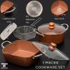Moss & Stone 5 Pcs Copper Chef Cookware Non Stick Deep Frying Pan, Fry Basket, Steamer Rack, Dishwasher & Oven Safe, 5 Qt Deep Square Pan, Induction Copper Cookware Set – 9.5″ x 3.5″(7 Pcs Copper Cookware)