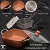 Moss & Stone 5 Pcs Copper Chef Cookware Non Stick Deep Frying Pan, Fry Basket, Steamer Rack, Dishwasher & Oven Safe, 5 Qt Deep Square Pan, Induction Copper Cookware Set – 9.5″ x 3.5″(6 Pcs Copper Cookware)