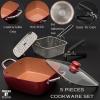 Moss & Stone 5 Pcs Copper Chef Cookware Non Stick Deep Frying Pan, Fry Basket, Steamer Rack, Dishwasher & Oven Safe, 5 Qt Deep Square Pan, Induction Copper Cookware Set – 9.5″ x 3.5″(Red Copper Cookware)