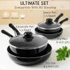 Moss & Stone 6 Pcs Dark Grey Nonstick Cookware Set, Pots And Pans Set Non stick With Glass Lid, Induction Cookware, Stay-Cool Handle PTFE/PFOA Kitchen Pots 6-Piece with Frying Pans & Saucepan(6 Pcs Black)
