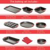Moss & Stone 9 Piece Baking Pans Set Non Stick, Oven Safe Baking Sheet Set Carbon Steel Non-Stick PTFE Coating, Bakeware Set With Heat Red Silicone Handles, Black Baking Trays For Oven(Black)