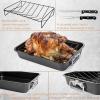 Moss & Stone Carbon Steel Roaster Pan With “V” Shape Removable Roasting Rack Set, 16.5 Inch Rectangular Nonstick Roasting Pan, Turkey Roaster Pan Rack With Carving Fork & Chef Knife(Roaster With Rack)