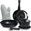 Moss & Stone 10pcs Black Pots and Pans Set Non Stick, Cookware Sets Detachable Handle, RV Kitchen Set Removable Handle, Oven Safe, Induction Ready, Stackable Non-stick Set, Camping Cookware Set(10 Pcs)