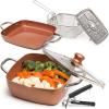 Moss & Stone 5 Pcs Copper Chef Cookware Non Stick Deep Frying Pan, Fry Basket, Steamer Rack, Dishwasher & Oven Safe, 5 Qt Deep Square Pan, Induction Copper Cookware Set – 9.5″ x 3.5″(6 Pcs Copper Cookware)