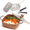 Moss & Stone 5 Pcs Copper Chef Cookware Non Stick Deep Frying Pan, Fry Basket, Steamer Rack, Dishwasher & Oven Safe, 5 Qt Deep Square Pan, Induction Copper Cookware Set – 9.5″ x 3.5″(Copper Cookware)