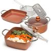 Moss & Stone 5 Pcs Copper Chef Cookware Non Stick Deep Frying Pan, Fry Basket, Steamer Rack, Dishwasher & Oven Safe, 5 Qt Deep Square Pan, Induction Copper Cookware Set – 9.5″ x 3.5″(7 Pcs Copper Cookware)