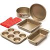 Moss & Stone 9 Piece Baking Pans Set Non Stick, Oven Safe Baking Sheet Set Carbon Steel Non-Stick PTFE Coating, Bakeware Set With Heat Red Silicone Handles, Black Baking Trays For Oven(Copper)