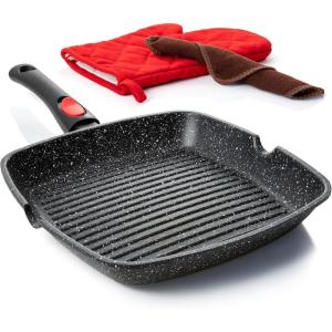 Moss & Stone 12” Nonstick Grill Pan for Indoor Cooking, Cast Aluminum Griddle Pan for Stove Top & Induction, Dishwasher & Oven Safe, Grill Pan with Lid, Silicone Handles, PFOA Free(Square Grill Pan RV-Friendly Design)