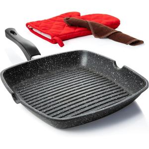 Moss & Stone 12” Nonstick Grill Pan for Indoor Cooking, Cast Aluminum Griddle Pan for Stove Top & Induction, Dishwasher & Oven Safe, Grill Pan with Lid, Silicone Handles, PFOA Free(Square Grill Pan Regular Handle Design)