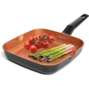 Moss & Stone 12” Nonstick Grill Pan for Indoor Cooking, Cast Aluminum Griddle Pan for Stove Top & Induction, Dishwasher & Oven Safe, Grill Pan with Lid, Silicone Handles, PFOA Free(Copper Square Grill Pan)