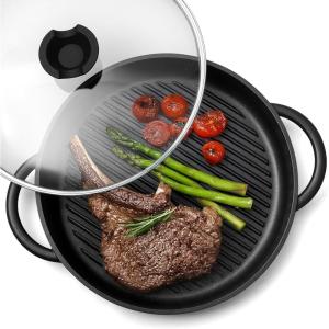 Moss & Stone 12” Nonstick Grill Pan for Indoor Cooking, Cast Aluminum Griddle Pan for Stove Top & Induction, Dishwasher & Oven Safe, Grill Pan with Lid, Silicone Handles, PFOA Free(Round Indoor Grill Pan with Lid)