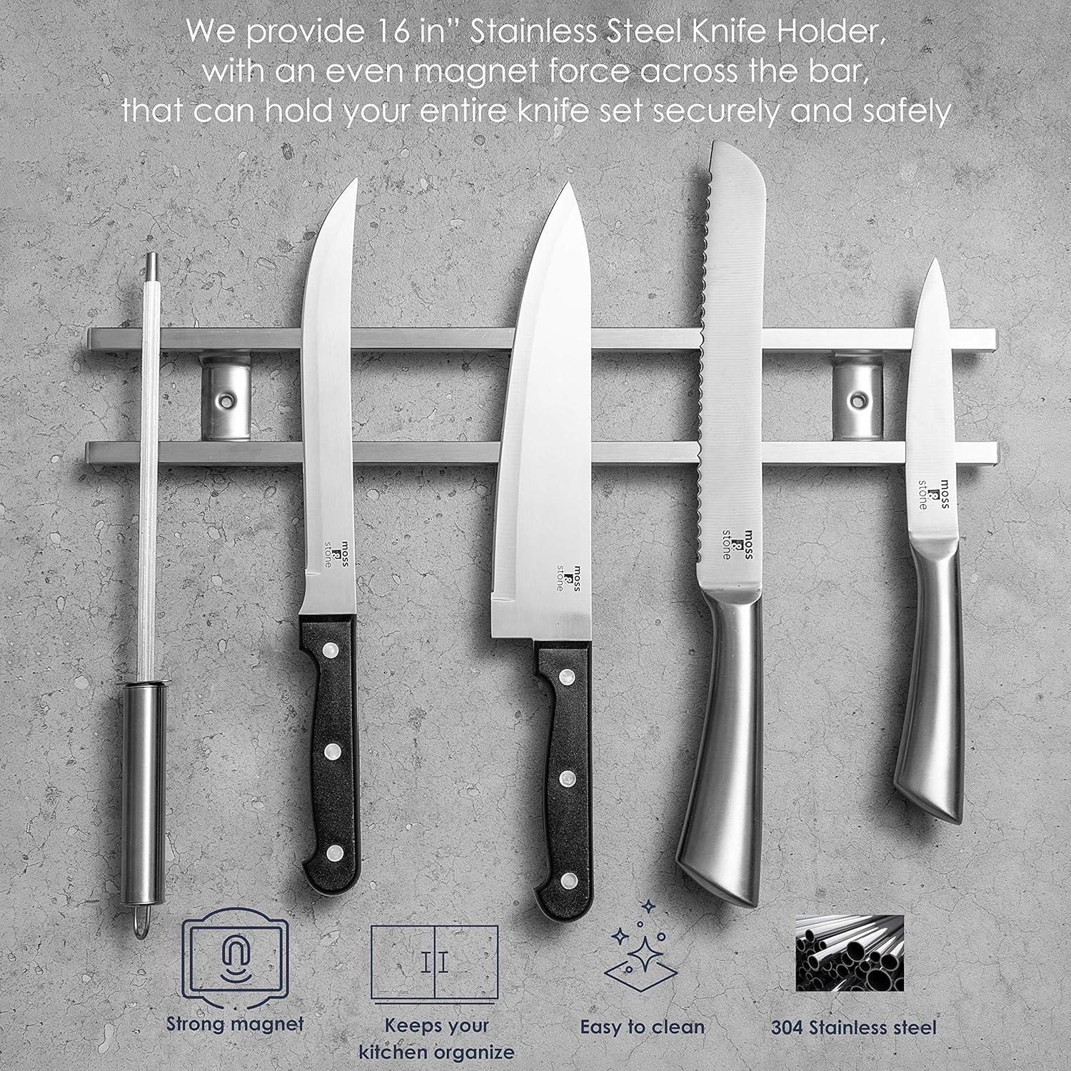 image:imageMoss amp Stone 16 inch Stainless Steel Magnetic Knife Holder For Wall Kitchen Knife Magnetic Holder MultiUse As Utensil Rack amp Cookware Rack With 6 Hooks amp 1 Knife Sharpener