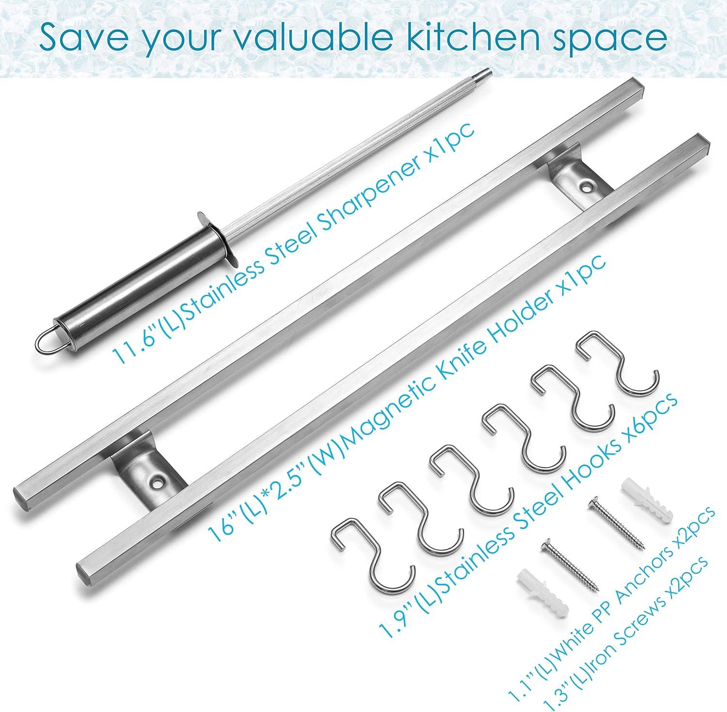 image:imageMoss amp Stone 16 inch Stainless Steel Magnetic Knife Holder For Wall Kitchen Knife Magnetic Holder MultiUse As Utensil Rack amp Cookware Rack With 6 Hooks amp 1 Knife Sharpener