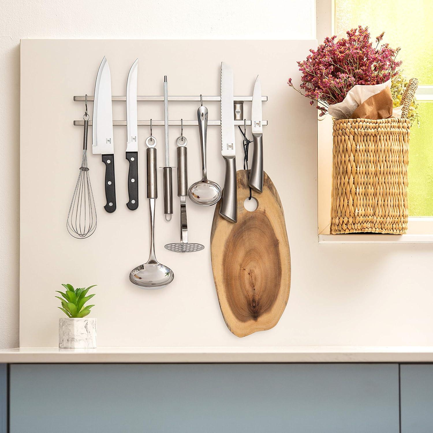 image:imageMoss amp Stone 16 inch Stainless Steel Magnetic Knife Holder For Wall Kitchen Knife Magnetic Holder MultiUse As Utensil Rack amp Cookware Rack With 6 Hooks amp 1 Knife Sharpener