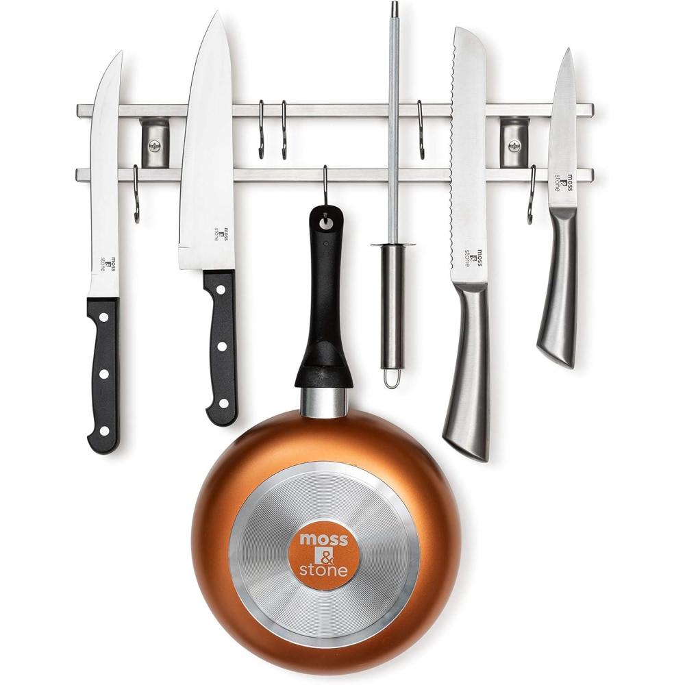 image:imageMoss amp Stone 16 inch Stainless Steel Magnetic Knife Holder For Wall Kitchen Knife Magnetic Holder MultiUse As Utensil Rack amp Cookware Rack With 6 Hooks amp 1 Knife Sharpener